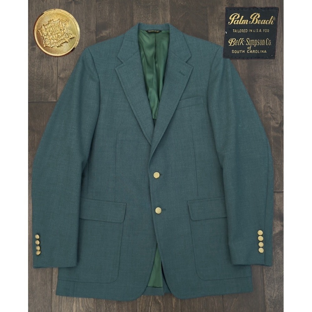 Vintage Palm Beach Mens Green Blazer Gold Button Jacket USA Made Size 40L Wool